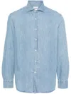 BRUNELLO CUCINELLI LIGHT BLUE COTTON DENIM SPREAD COLLAR SHIRT FOR MEN