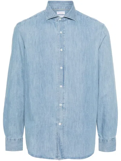 BRUNELLO CUCINELLI LIGHT BLUE COTTON DENIM SPREAD COLLAR SHIRT FOR MEN