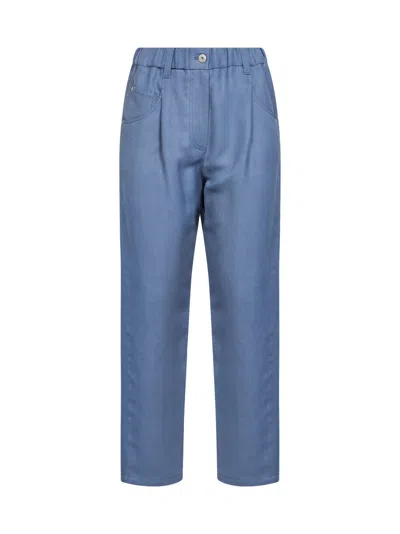 Brunello Cucinelli Light Blue Fluid Twill Baggy Trousers With Monili