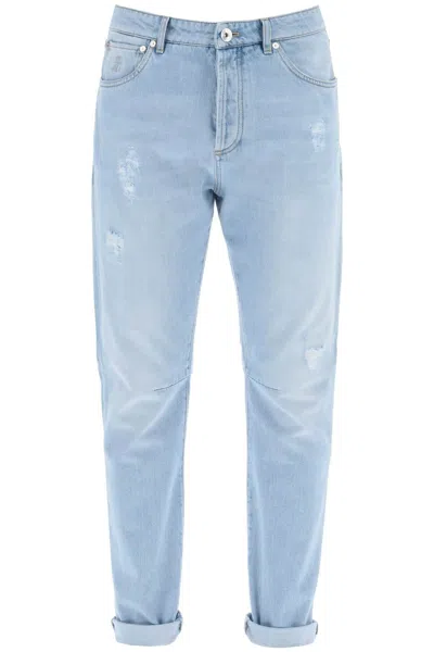 Brunello Cucinelli Light Blue Leisure Fit Jeans With Distressed Detailing For Men