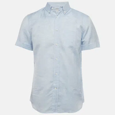 Pre-owned Brunello Cucinelli Light Blue Patterned Linen Blend Half Sleeve Shirt L
