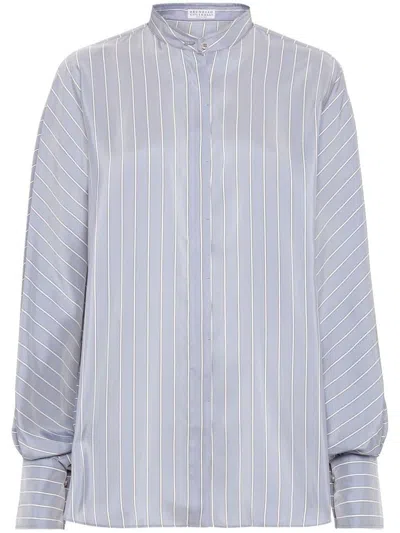 Brunello Cucinelli Camicia A Righe In Seta Azzurra In Light Blue+white