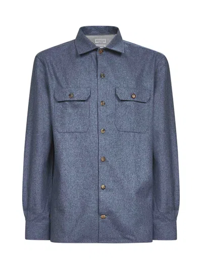 Brunello Cucinelli Light Blue Virgin Wool Flannel Overshirt