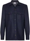 Brunello Cucinelli Virgin Wool Flannel Overshirt With Pockets In Blue