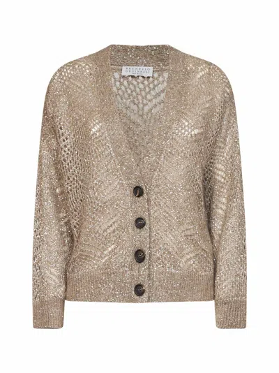Brunello Cucinelli Light Brown Dazzling Abstract Leaf Cardigan