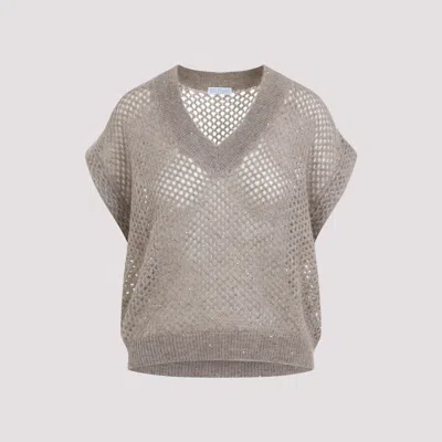 BRUNELLO CUCINELLI LIGHT BROWN DIAMOND KNIT VEST