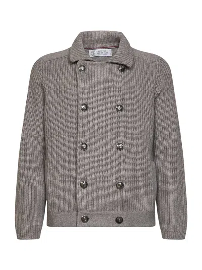 Brunello Cucinelli Light Brown Half English Rib Cashmere Knit Marina Cardigan In White