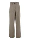 BRUNELLO CUCINELLI LIGHT BROWN HIGH WAIST PANTS WITH BELT IN WOOL WOMAN