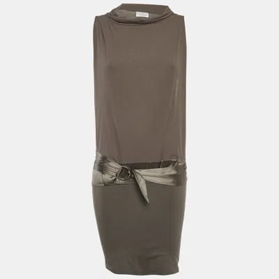 Pre-owned Brunello Cucinelli Light Brown Satin And Jersey Belt Detail Midi Dress Xs