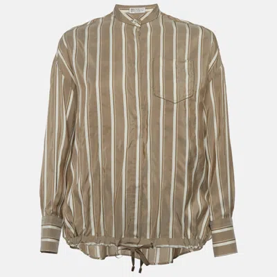 Pre-owned Brunello Cucinelli Light Brown Striped Silk Drawstring Shirt Xs