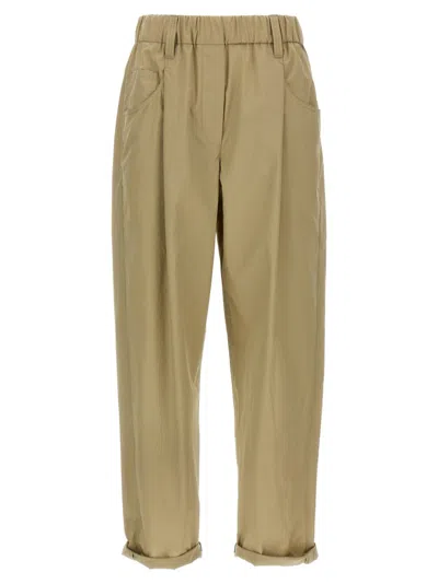 Brunello Cucinelli Light Cotton Poplin Pants With Monile Detail In Green
