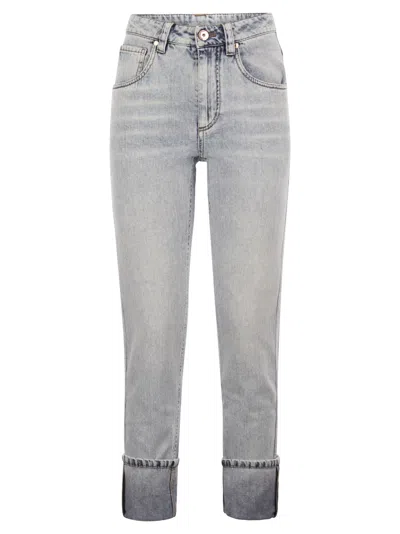 Brunello Cucinelli Soft Denim Straight Trousers With Shiny Details In Light Denim