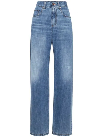 Brunello Cucinelli Light Denim Loose Five-pocket Trousers With Jeweled Detail In Blue