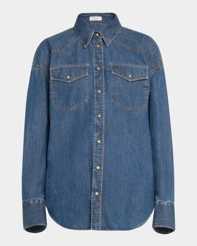 Brunello Cucinelli Light Denim Shirt With Monili Tab In C8983 Blue