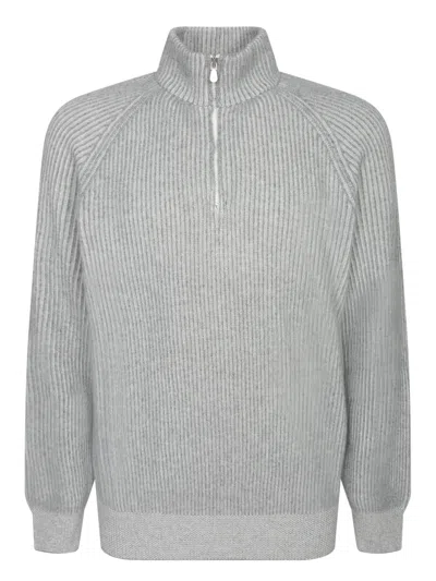 BRUNELLO CUCINELLI LIGHT GREY CASHMERE MIDZIP SWEATER