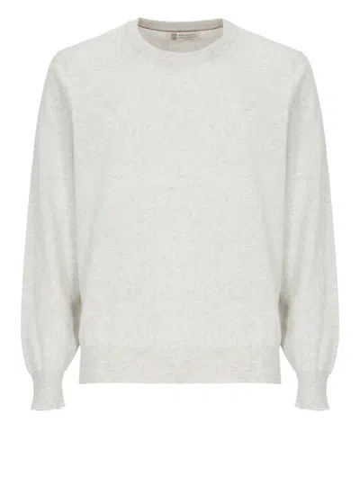 Brunello Cucinelli Light Grey Cotton Sweater In White