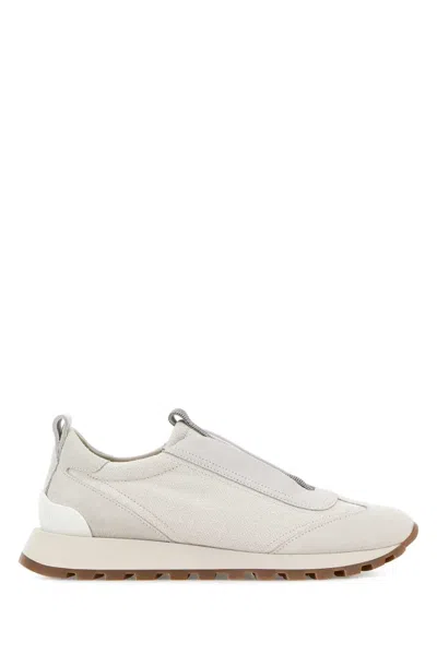 Brunello Cucinelli Light Grey Fabric Slip Ons In Gray
