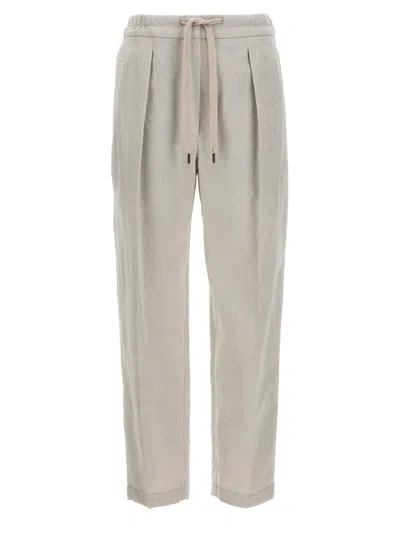 BRUNELLO CUCINELLI LIGHT GREY LINEN COTTON TROUSERS