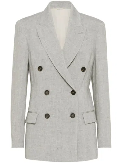 BRUNELLO CUCINELLI LIGHT GREY LINEN DOUBLE-BREASTED JACKET