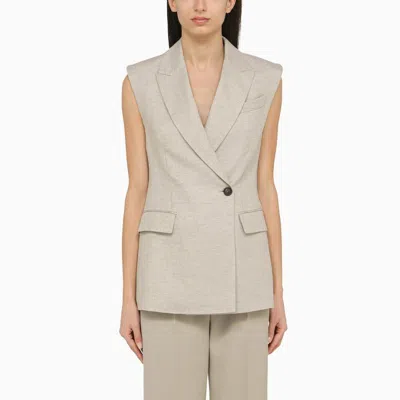 Brunello Cucinelli Light Grey Linen Waistcoat For Women | Ss24 Collection