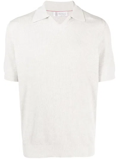 BRUNELLO CUCINELLI LIGHT GREY RIBBED-KNIT POLO SHIRT