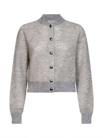 Brunello Cucinelli Light Grey Sparkling Double Mohair Knit Net Cardigan