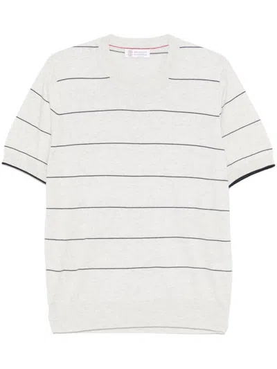 Brunello Cucinelli Light Grey Striped T-shirt With Relaxed Fit In White
