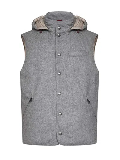 Brunello Cucinelli Light Grey Wool Padded Hooded Vest In Gray