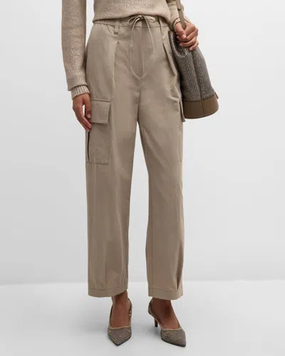 Brunello Cucinelli Lightly Wrinkled Cotton Cargo Trousers With Drawstring Waist In C8695 Honey