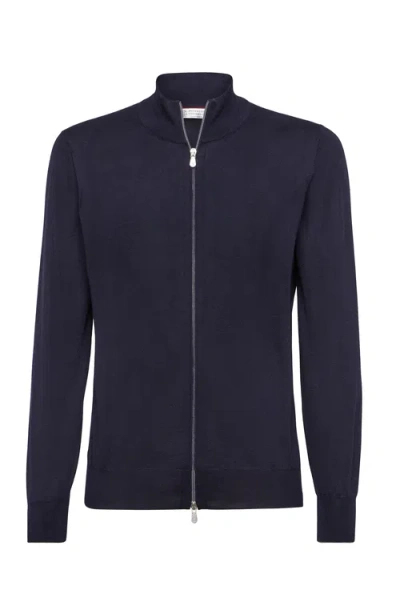 Brunello Cucinelli High Collar Zip Sweatshirt With Cashmere In Blue