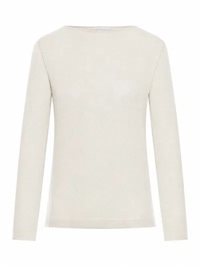 Brunello Cucinelli Lightweight Cashmere And Silk Sparkling Sweater In White