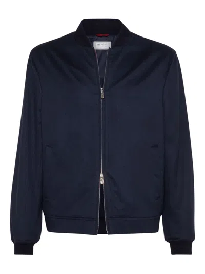 Brunello Cucinelli Lightweight Cashmere Flannel Bomber Jacket In Blue