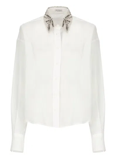 Brunello Cucinelli Lightweight Cotton Shirt With Contrasting Details In White
