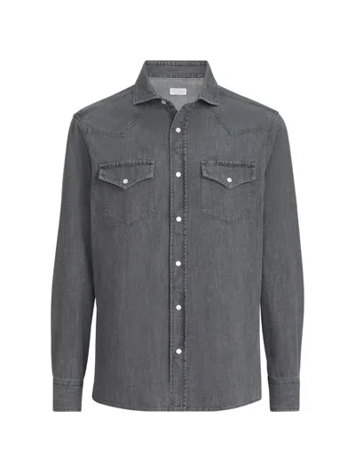 Brunello Cucinelli Lightweight Denim Easy-fit Western Shirt In Gray