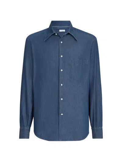 Brunello Cucinelli Lightweight Denim Shirt With Italian Collar And Chest Pocket In Blue
