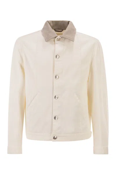 Brunello Cucinelli Men Lightweight Garment-dyed Cotton Denim Jacket With Leather Collar In Neutral