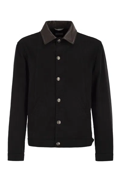 Brunello Cucinelli Lightweight Garment-dyed Cotton Denim Jacket With Leather Collar In Brown