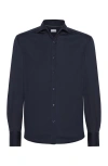 Brunello Cucinelli Men Silk And Cotton Jersey Shirt With Spread Collar In Blue
