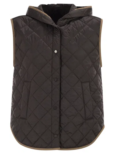 Brunello Cucinelli Lightweight Opaque Nylon Quilted Gilet With Thermore® Padding And Hood In Blue