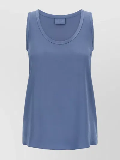 Brunello Cucinelli Lightweight Sleeveless Round Neck Satin Top In Blue