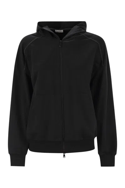 Brunello Cucinelli Lightweight Stretch Cotton Fleece Topwear With Zip, Hood And Shiny Trims In Black