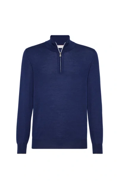 Brunello Cucinelli Blue Cashmere Blend Lightweight Half-zip Sweater
