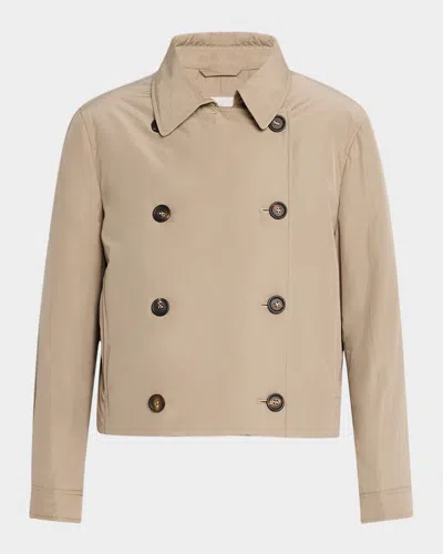 Brunello Cucinelli Lightweight Taffeta Double-breasted Short Jacket In C8960 Taupe
