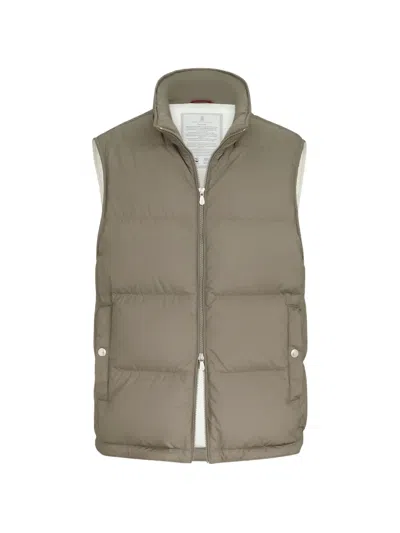 Brunello Cucinelli Lightweight Techno Fabric Down Vest With Packable Hood In Brown