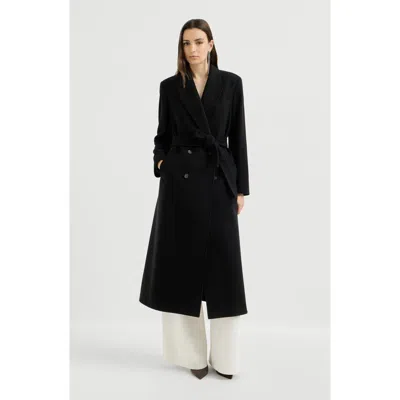 Brunello Cucinelli Lightweight Water-resistant Cashmere Belted Coat With Monili In Black