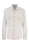 Brunello Cucinelli Linen And Cotton Blend Leisure Fit Shirt With Press Studs And Pockets In Pearl