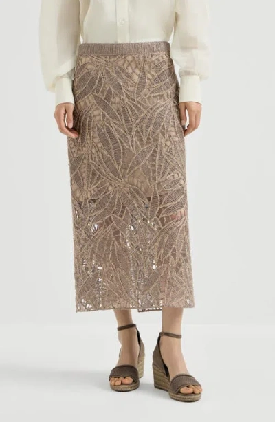 Brunello Cucinelli Linen And Cotton Dazzling Cacao Leaves Embroidery Skirt In Brown