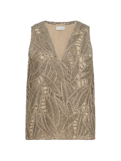 Brunello Cucinelli Linen And Cotton Dazzling Cacao Leaves Embroidery Top In Gold