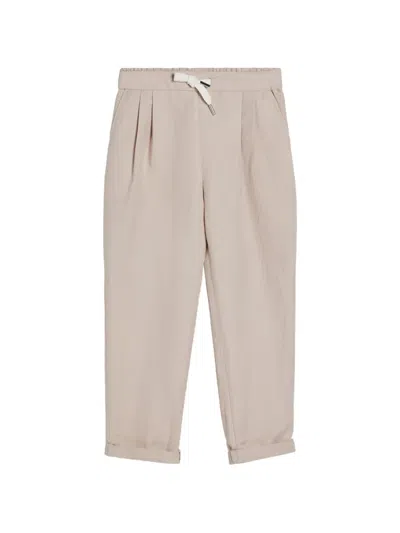 Brunello Cucinelli Linen And Cotton Drill Trousers With Drawstring And Double Pleats In Neutral
