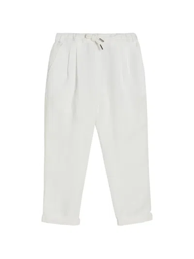 Brunello Cucinelli Kids' Linen And Cotton Drill Trousers With Drawstring And Double Pleats In White